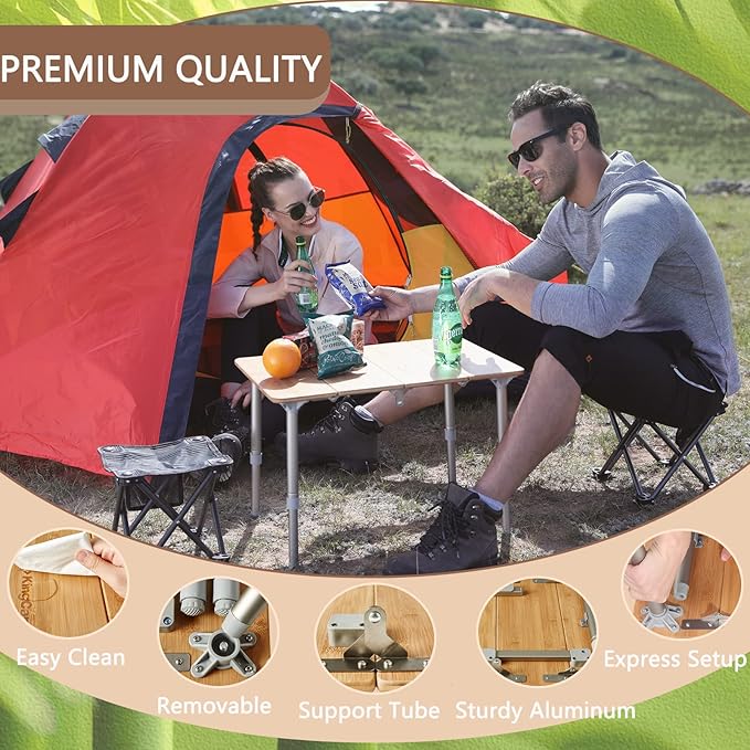 KingCamp Bamboo Adjustable Anti-UV Portable Folding Table Picnic Camping Three Heights2-6 People 23.6x15.7x10.6/15.7in Yellow_23.6x15.7 2 Person