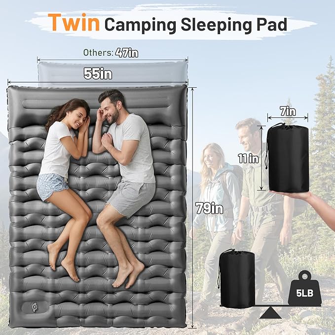 KASBAH Double Inflatable Camping Sleeping PadThick 6 inch 2 Person Ultralight Sleeping Mat with Built-in Foot Pump and PillowCamping Essentials for HikingBackpackingTraveling Tent