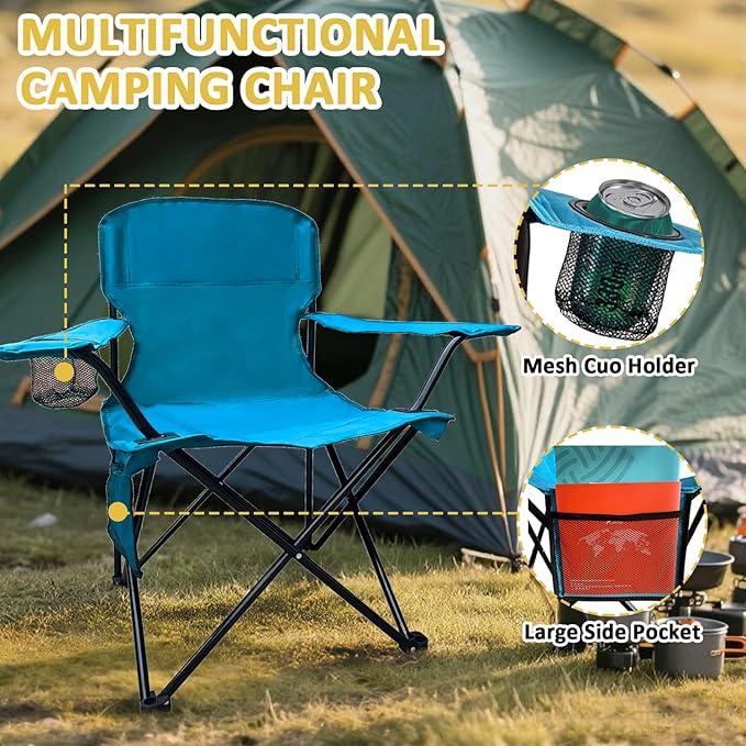 Portable Folding Camping Chair with Cup Holder and Cooler Bag Lightweight Outdoor Chair with Strong Steel Frame Easy Storage with Carry Bag Supports 300LBS Blue