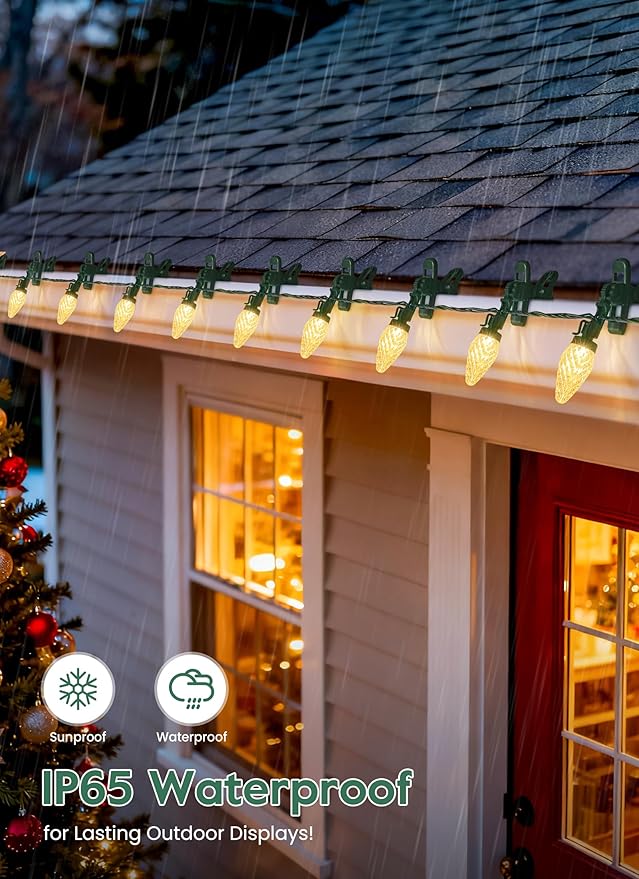 Brightown C9 LED Christmas Lights Outdoor 99 Feet 150 LED C9 String Lights with 150 Spring Clips Waterproof Connectable Christmas Tree Lights for Outside Roofline Patio Home Xmas Decor Warm White