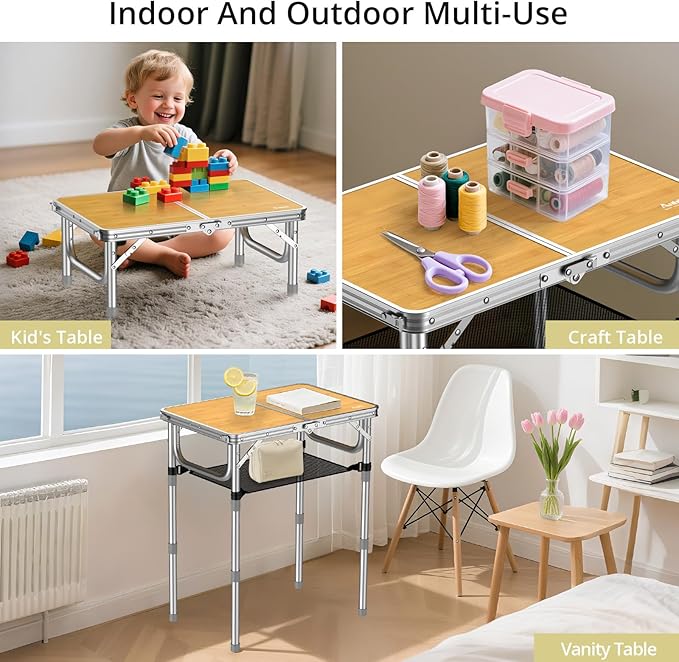 Anbte 2ft Camping Table Foldable 3 Adjustable Heights High 27.5 Aluminum Small Folding Table with Carrying Handle Portable for Outdoor Indoor Picnic Beach BBQ Travel 24 x 16 Light Oak Grain
