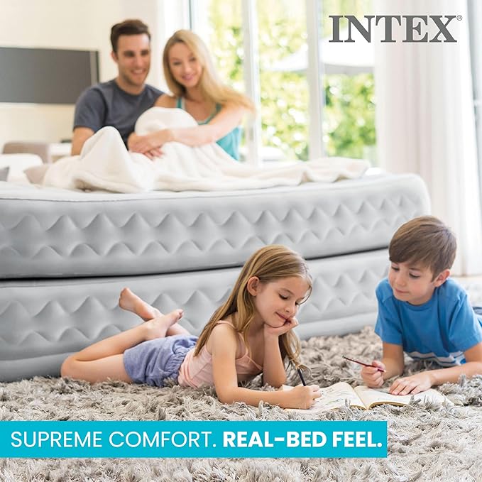 Intex 64489ED Dura Beam Supreme Air Flow Inflatable Velvetaire Soft Airbed Mattress w/Built in Pump &amp Portable Storage Case Queen