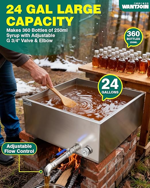WantJoin Maple Syrup Evaporator Pan 24 Gallon - Syrup Evaporator Pan Stainless Steel w/Thermometer 24 * 24 * 10 Inch Upgraded Leak-Proof TIG Welded Seams Make 360 Bottles of 50oz