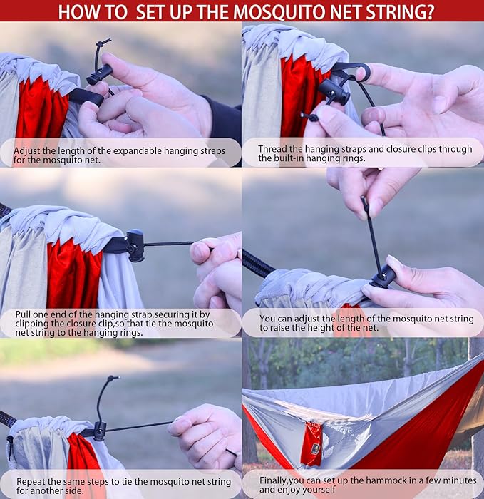 Camping Hammock Portable Hammocks with Mosquito NetLightweight Nylon Parachute Hammock with 10ft Tree StrapsCamping Gear Must Haves for Travel Hiking Backpacking Beach Patio-Black&ampRed