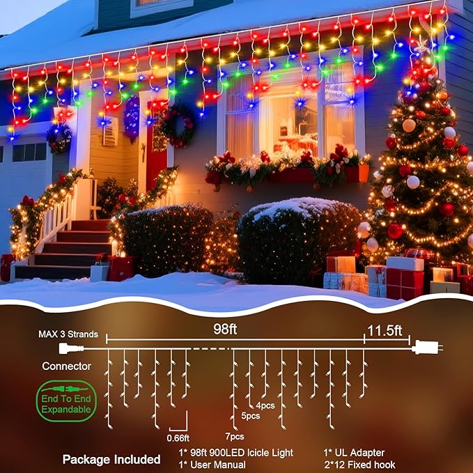 98 Ft Ice Light for Outside 900 LED Christmas Lights Outdoor Plug in Christmas Ice Lighting with 8 Modes &amp Timer for Holiday Party Wedding House Patio Outdoor Decor(Multicolor)