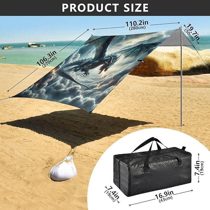 ALAZA Dragon in Sky Beach Tent Sun Shelter UPF50+ Protection Beach Shade Canopy w/ 4 Sandbags for Outdoor Camping Fishing Backyard Fun Picnic 10x9 ft