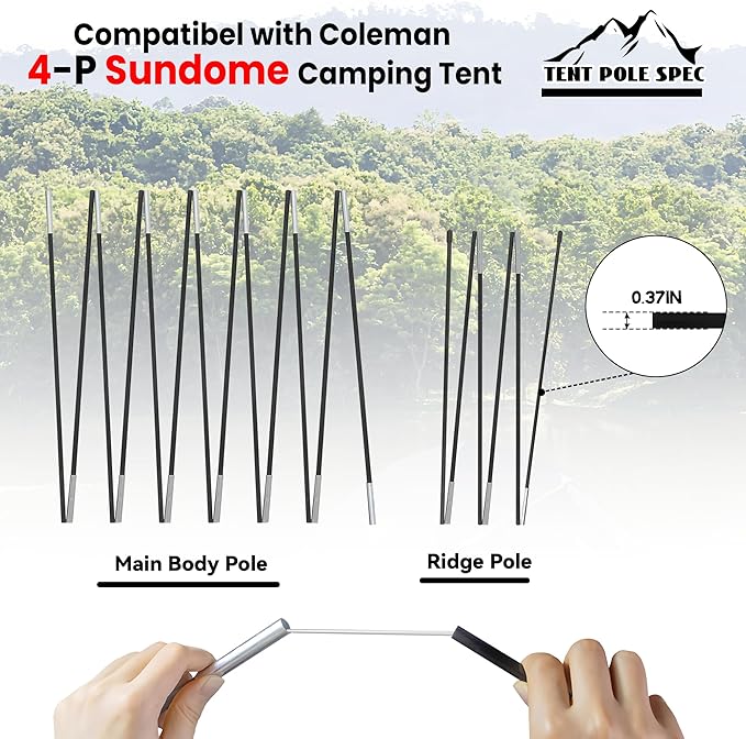 3 PCS Tent Poles Replacement for Coleman 4 Person Sundome Camping Tent Camping Tent Accessories for Coleman Sundome Tent Pre-Assembled Replacement Poles