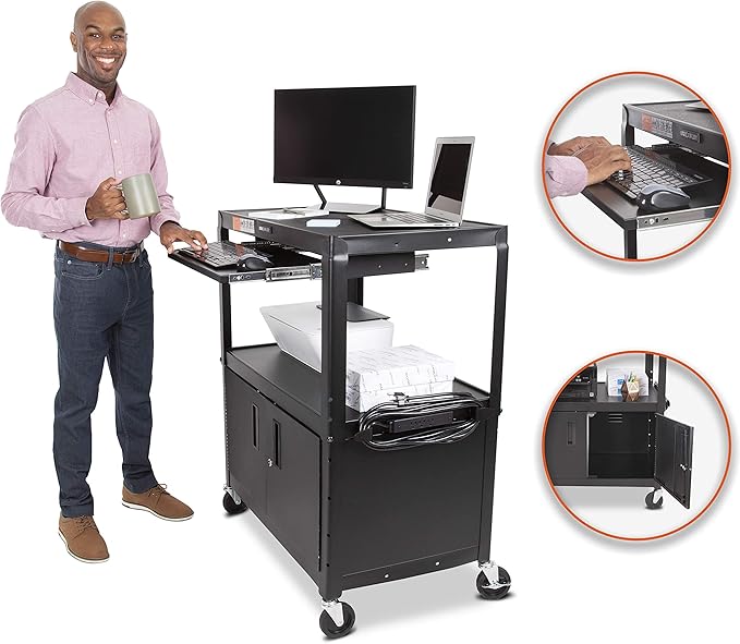 Line Leader Extra Wide AV Cart with Locking Cabinet Rolling Computer Desk Height Adjustable Utility Cart with Pullout Keyboard Tray &amp UL-Listed Power Strip Great for Projectors (42 x 32 x 20in)
