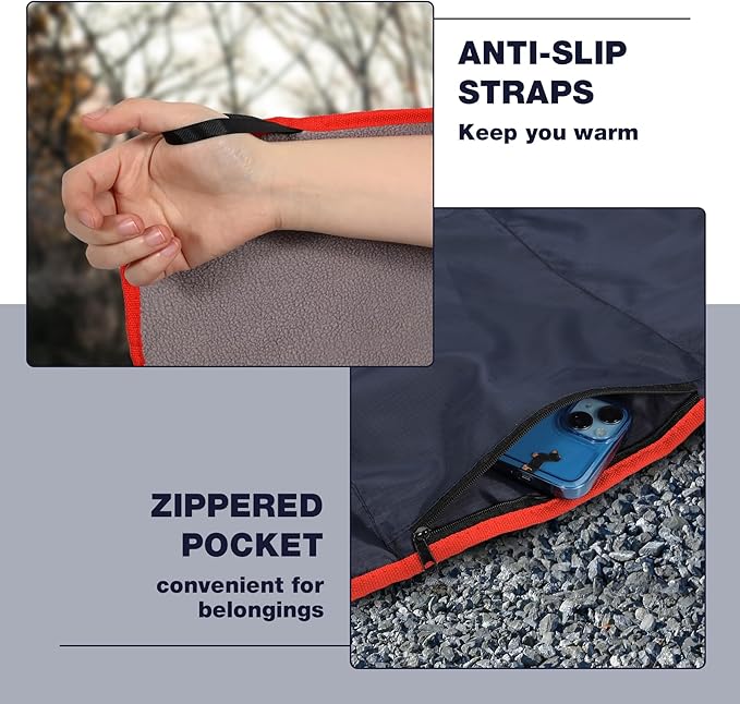 REDCAMP Large Waterproof Stadium Blanket with Hood for Cold Weather Soft Warm Fleece Camping Blanket Windproof for Outdoor Sports Dark Blue/Grey