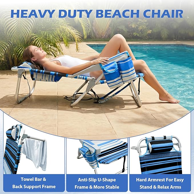 2 Pack Folding Beach Chairs for Adults Heavy Duty Compact Lightweight Portable Lay Flat Folding Chair with Backpack StrapsCup Holder Support to 300LBS for Patio Sand Tanning
