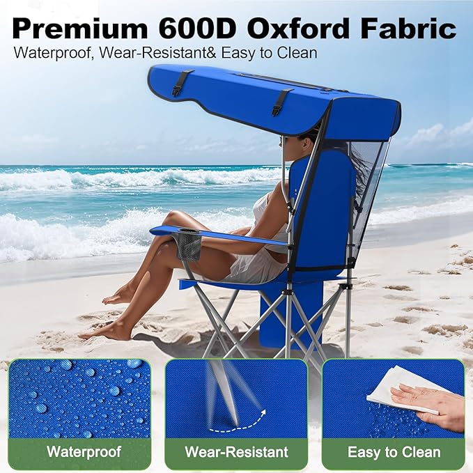 Portable Camping Chair with Canopy - Folding Chair with Canopy Durable 600D Oxford Canopy Chair for Camping Beach Picnics Fishing &amp Sports
