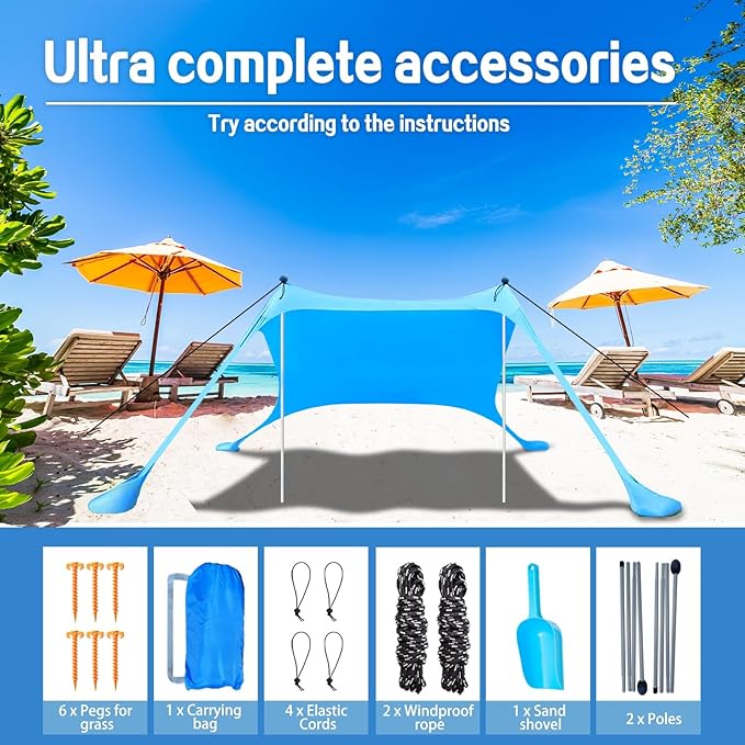 Beach Canopy Beach Tent Sun Shelter 7.5X7.5 FT Beach Shade Canopy UPF50+ Sun Protection Windproof Ropes Carry Bag Easy to Setup for Family Outdoor Camping