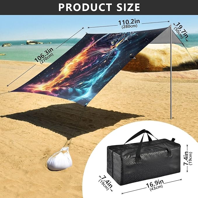 ALAZA Dreamy Cat Galaxy Beach Tent Sun Shelter UPF50+ Protection Beach Shade Canopy w/ 4 Sandbags for Outdoor Camping Fishing Backyard Fun Picnic 10x9 ft