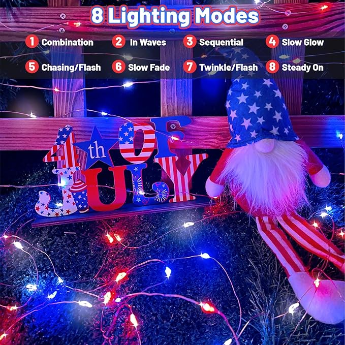 4th of July Decorations Solar String Lights 2Pack 400LED Independence Day Lights for Outside Red White and Blue Solar Light Waterproof Copper Wire 8 Modes Twinkle Light for Memorial Day National Day