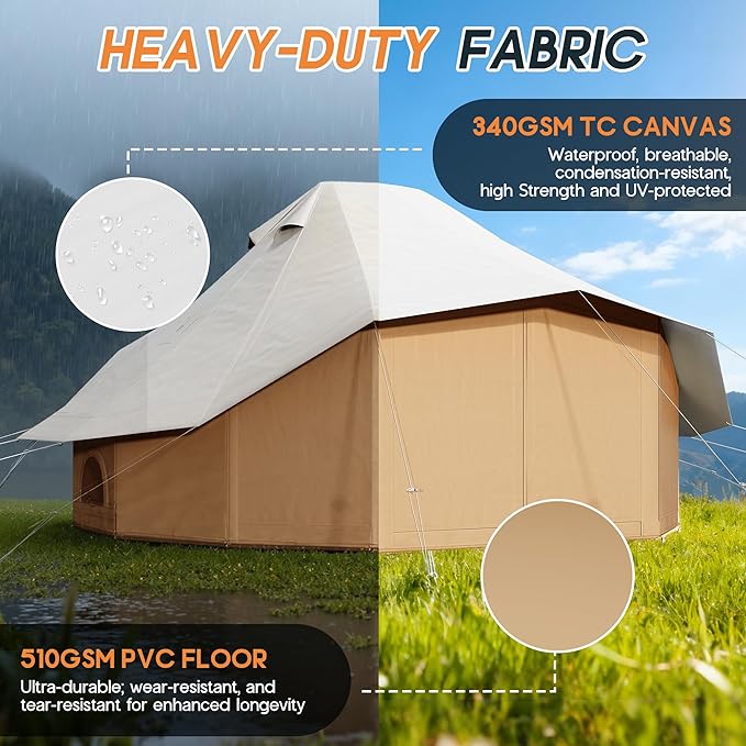 SPECRAFT Canvas Bell Yurt Tents &amp Inflatable Tent for Camping Waterproof Glamping Tent with Stove Jack Breathable Mesh Snowproofing Spacious 4-Season Family Shelter for Outdoor Camping Partie