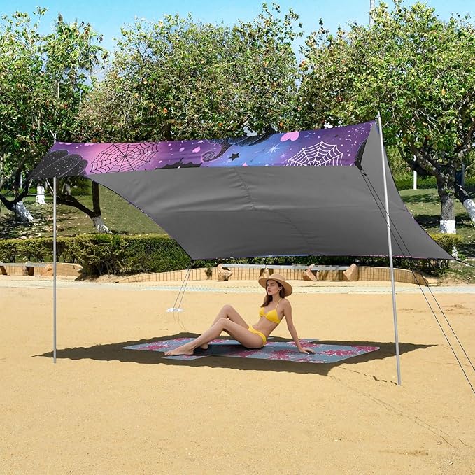 ALAZA Pumpkin Bat Heart Spider Web Halloween Beach Tent Sun Shelter UPF50+ Protection Beach Shade Canopy w/ 4 Sandbags for Outdoor Camping Fishing Backyard Fun Picnic 10x9 ft