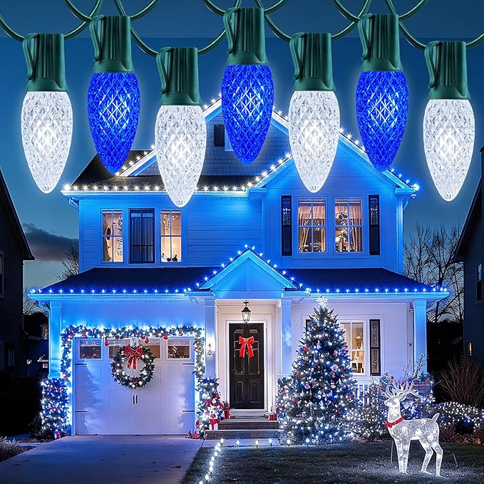Minetom 100 Feet Led Christmas LightsBlue White C9 Christmas String Lights Outdoor 100 Strawberry Bulbs Connectable UL Certified for Indoor Outdoor Roofline Patio Holiday Party Backyard Xmas Decor