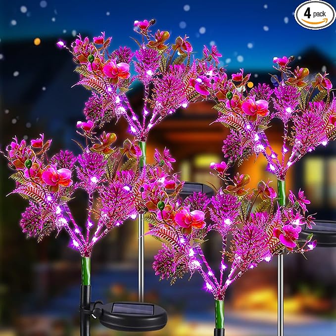 Neporal Solar Garden Lights 4PK Purple Phalaenopsis Solar Flowers Outdoor Waterproof Solar Lights Outdoor Decorative for Garden Yard Decor