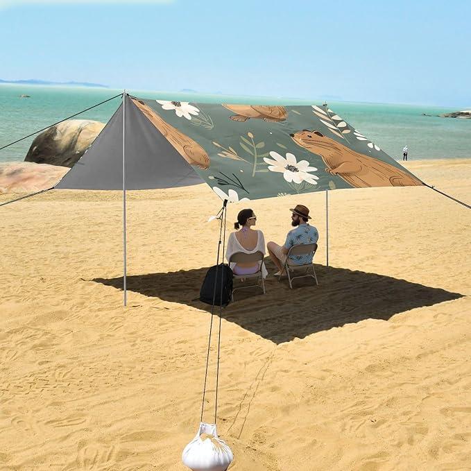Capybara and White Flowers and Leaves Camping Sun Shelter Beach Tent Portable Beach Sun Shade Outdoor Canopy for Camping Trips Fishing Picnic