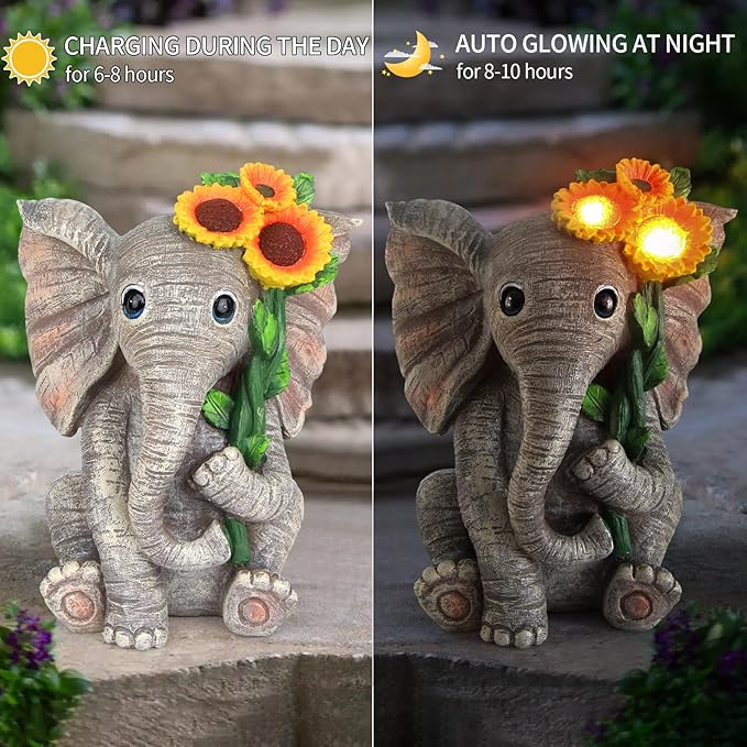 Outdoor Sculpture Figurine Statue Elephant DecorSolar Garden Statues for Patio Home Yard DecorGood Luck Sunflower Elephant for Women Mom Gifts Housewarming Gift