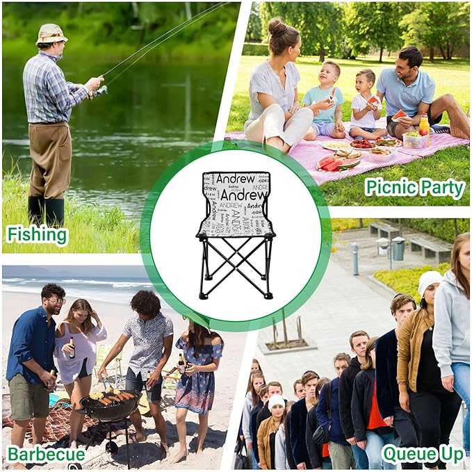 Sinestour White Custom Folding Camping Chair for Teen Child Personalized Name 14.6×14.6in Portable Outdoor Chair with Carry Bag for Picnic Barbeques Beach