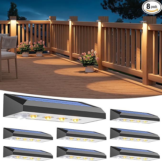 VOLISUN Deck Lights Outdoor 8-Pack - Solar Fence Lights Outdoor Waterproof Warm White LED Auto On/Off for Deck Yard Patio &amp Garden Pathway and Railing Decor (Dusk to Dawn)