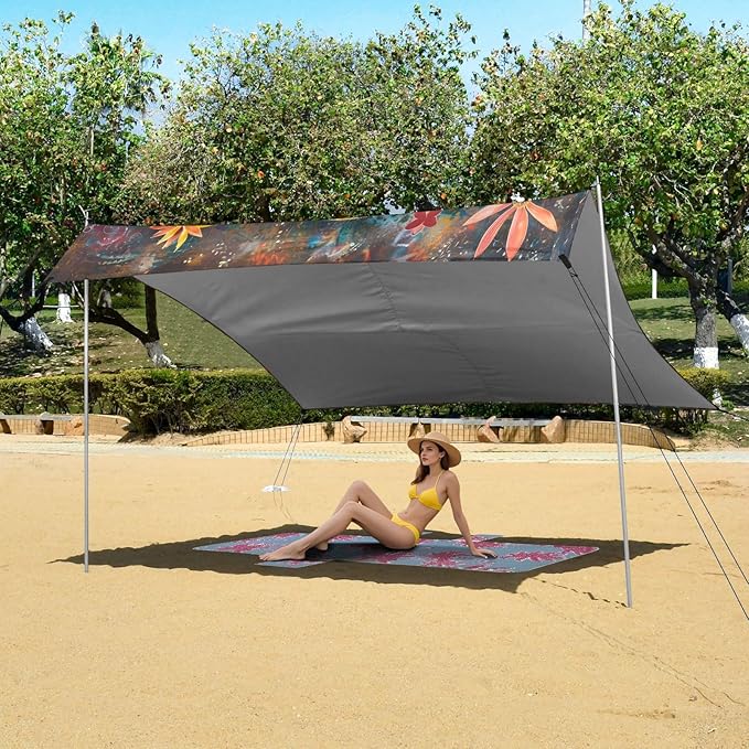ALAZA Colorful Peace Sign Flower Beach Tent Sun Shelter UPF50+ Protection Beach Shade Canopy w/ 4 Sandbags for Outdoor Camping Fishing Backyard Fun Picnic 10x9 ft