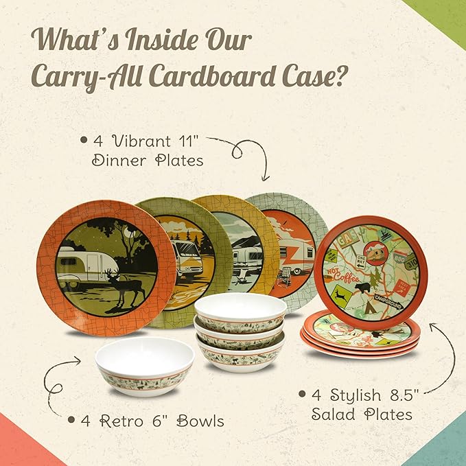 Melamine Plates &amp Bowls Set - 12-Piece Dish Set for Indoor &amp Outdoor Dining - BPA Free Top Shelf Dishwasher Suitable Dinnerware Set - Sturdy Melamine Dinnerware Sets - Camping Dishes by Camp