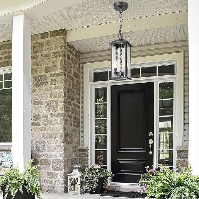 Outdoor Pendant Lights for Porch Chandelier Outdoor Pendant Lights Dusk to Dawn 2-Light Modern Hanging Porch Lights Exterior Hanging Light Fixture with Water Ripple Glass for Patio Gazebo
