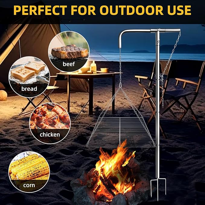 Tripod Campfire Grill with Adjustable Hanging Grate 360° Rotating Fire Pit Grill System Heavy Duty Stainless Steel Outdoor Cooking Stand for Camping &amp Backyard