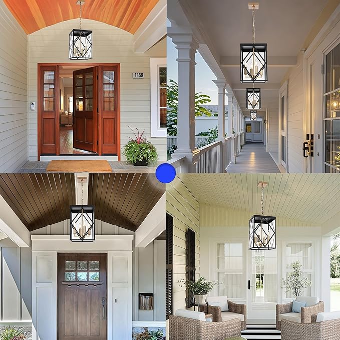 Outdoor Pendant Light for Porch 4-Light Modern Metal Exterior Hanging Lantern Pendant Light Outside Chandelier Black with Clear Glass or Front Porch Entrance Foyer Entryway Brass Socket