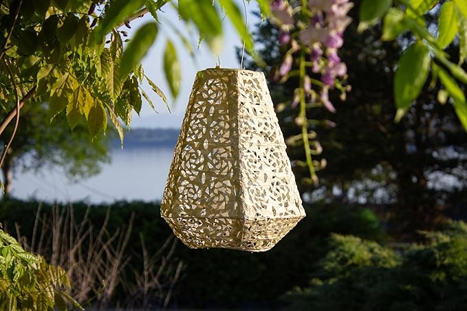 Allsop Soji Stella Prism Solar Lantern 11 LED Outdoor Light Handmade with Weather-Resistant UV Treated Fabric Stainless Steel Hardware Auto Sensor on/Off for Patio Deck Garden