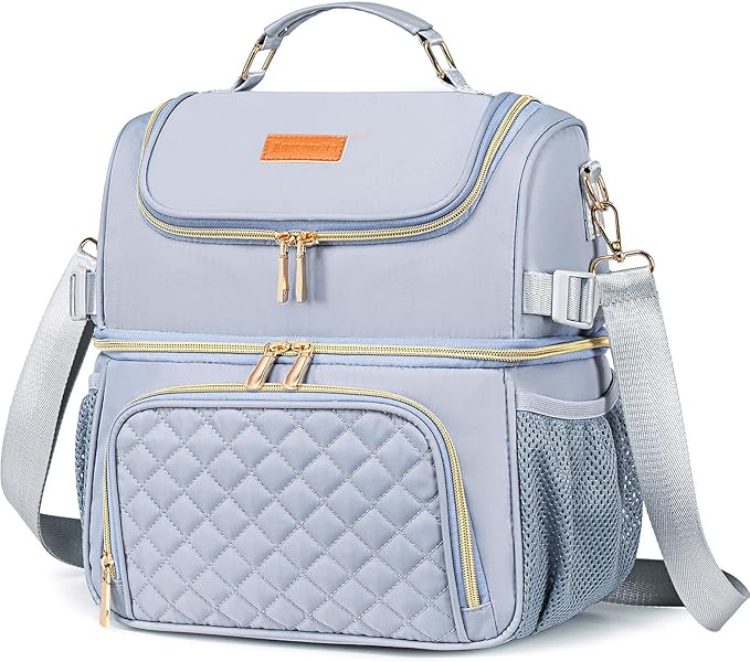 Lunch Bags for Women Dual Compartment Lunch Box Lunch Bag for Work Leakproof Lunch Cooler Large Insulated Lunchbox for Adult for Women Men Lunchbag for Picnic Beach (Gray)
