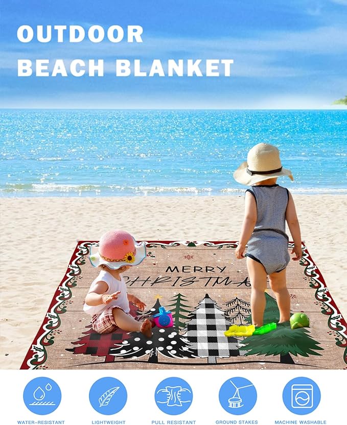 Beach Blanket Waterproof Sandproof OversizedMerry Christmas Grid Dot Tree Beach Mat with Corner Stakes Sand PocketsHolly Snowflake on Wooden Outdoor Picnic Mat for Travel Camping Hiking 95x80In