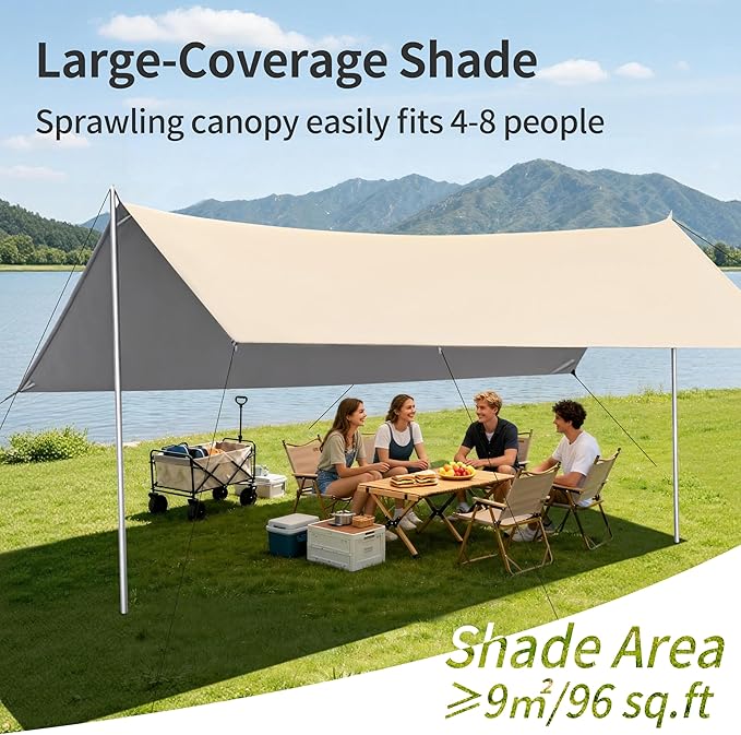 Hexagon Silver Camping Tarp Rain Fly Tarp Camping Canopy Lightweight Ripstop Fabric - UPF50+ Sun Shelter Waterproof &ampWindproof Beach Tent (118x118in Sand Gold Blackout Fabric)
