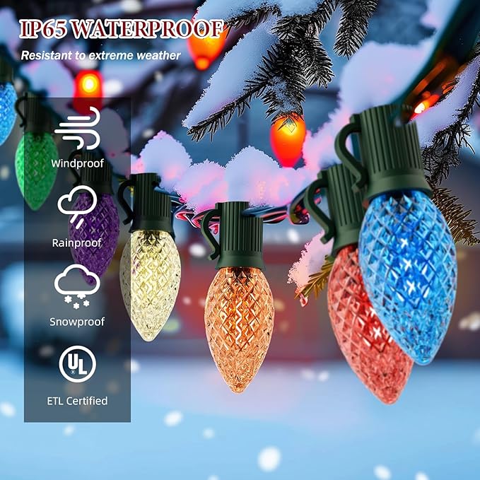 Kawaya Outdoor Christmas C9 LED String Lights - 25ft 25 Bulbs Multi Colored Indoor Decorations IP65 Commercial Waterproof for Tree Outside Roof House Walkway Pathway
