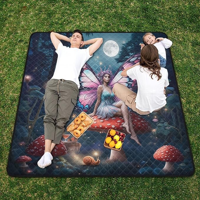 Fairy Mushroom Blue Picnic Blanket Waterproof Camping Rug Large Picnic Blankets Outdoor Beach Blanket Mat for Family Vacation Accessories 79''x79''