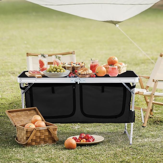Outdoor Folding Camping TableAluminum Foldable Table with Adjustable Legs &amp Storage OrganizerLightweight Camping Kitchen Table for Outdoor Travel BeachBackyards BBQ Party and Picnic (Black)