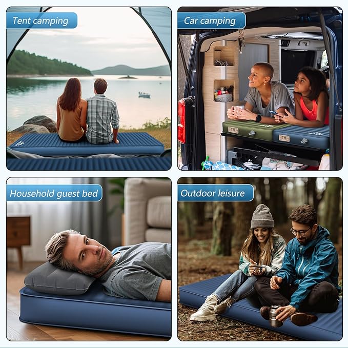 Self Inflating Sleeping Pad with Electric Pump 4 Ultra-Thick Memory Foam Camping Pad with Pillow 9.5 R-Value Insulated Camping Mattress Navy Blue