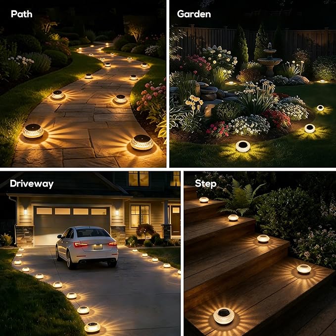 Solar Deck Lights Outdoor - IP67 Waterproof Solar Driveway Dock Lights 12PK Solar Pthway Lights Outdoor Warning Step Lights for Driveway Sidewalk Garden Pathway Yard Stair Backyard Decor(Warm White)