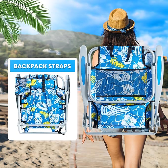 2 Pack Lightweight Portable Camping Beach Chair for Adult Outdoor Lay Flat Folding Beach Chairs with 5 Positions Backpack Beach Chair with Towel Bar Zipper Pouch Cup Holder Hawaiian Style