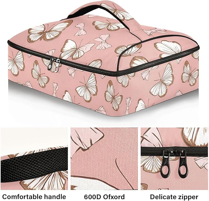 Casserole Carrier Elegance Pattern Pink ButterfliesInsulated Casserole Carrier for Hot or Cold Food Thermal Lunch Tote for Potluck Parties Picnic Beach Fits 9 x 13 Inches Baking Dish