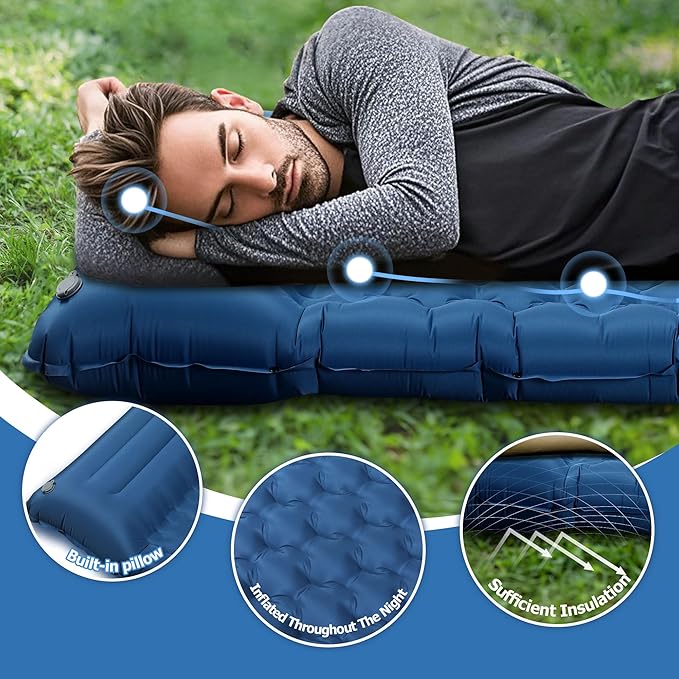 Sleeping Pad 4.7 Extra-Thick &amp Ultralight Inflatable Camping Mat with Pillow Built-in Foot Pump Compact for Backpacking Camping Hiking Travel — Navy Blue