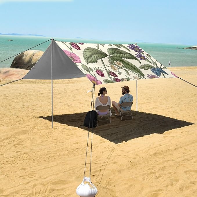 Wild Raspberries Pattern Beach Tent Sun Shelter 9.2' x 10.5' Beach Canopy with 4 Sandbags 4 Stability Poles Sand Shovels - Tent Canopy for Beach Camping Fishing Picnics