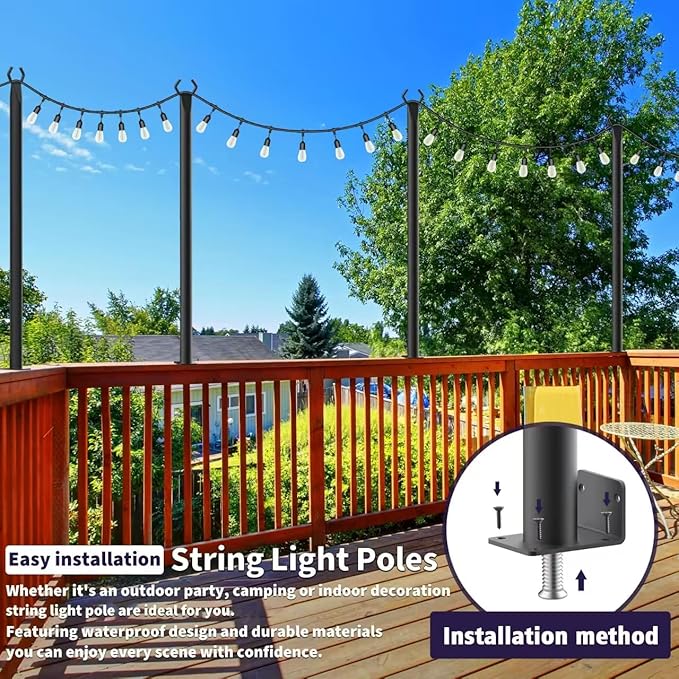 5 Ft String Light Poles 8 Pack String Light Poles for Outside with Fixing ClipsHanging Light Poles for Deck Fence Garden Backyard Wall BistroMetal Poles for Outdoor String Lights