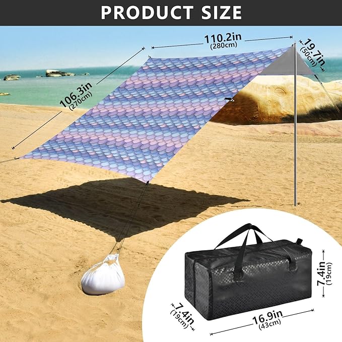 ALAZA Mermaid Print Gradient Beach Tent Sun Shelter UPF50+ Protection Beach Shade Canopy w/ 4 Sandbags for Outdoor Camping Fishing Backyard Fun Picnic 10x9 ft