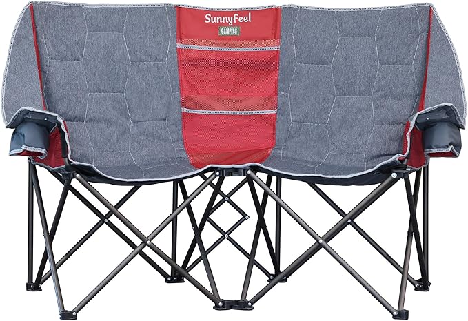 SUNNYFEEL Folding Double Camping Chair Oversized Loveseat Chair Heavy Duty Portable/Foldable Lawn Chair with Storage for Outside/Outdoor/Travel/Picnic Fold Up Camp Chairs for Adults 2 People