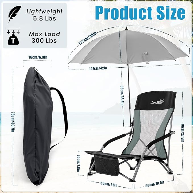 Folding Beach Chair with Umbrella for Adults 2 Pack Portable Low Beach Chairs with 300lbs Capacity Lightweight Fodable Camping Chair for Travel Picnic Concert &amp Outdoor Activities Black-Grey