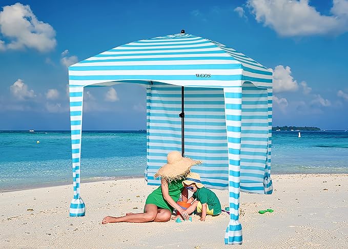 Beach Tent Beach Canopy Beach Cabana with One Side Detachable Cover Large Space 6ftx6ft Waterproof and UPF UV 50+++ Sun Protection for Beach Lake Outdoor Camping Beach Umbrella (Blue Stripe)