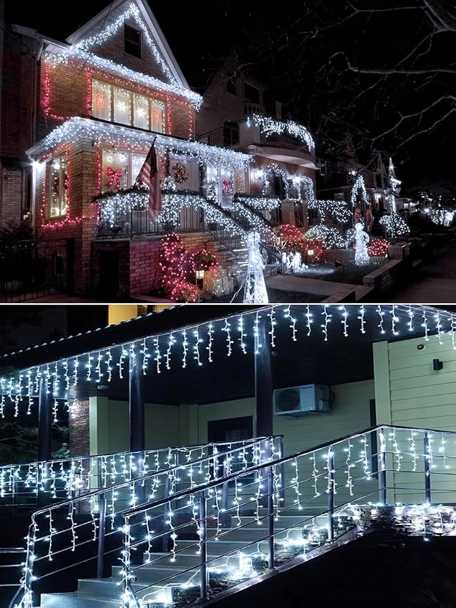32.8FT Icicle Lights Christmas Outdoor with 400LED 75 Drops IP65 Waterproof Eaves Lights 8 Modes for Christmas Eaves Garden Room Decoration Cool White